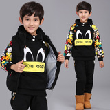 童装男童加绒加厚套装2015新款韩版中大童卫衣套装儿童冬装三件套