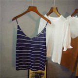 2016夏装新款韩版针织T恤女显瘦棉麻条纹小吊带+t恤两件套上衣女
