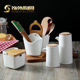 日式陶瓷竹架双筒沥水筷子筒厨房餐具置物筷子盒调味罐油醋瓶套装