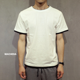 马切达夏季日系复古白色男士短袖T恤圆领修身假两件t恤纯棉打底衫