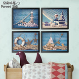 美式帆船灯塔装饰画儿童房间墙画卡通水手风壁画卧室床头有框挂画