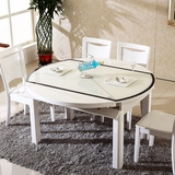 现代简约圆形餐桌伸缩钢化玻璃餐桌椅组合白色餐台实木烤漆餐桌椅