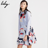 Lily2016春新女装几何图案拼色衬衫领收腰长袖连衣裙115110L7366