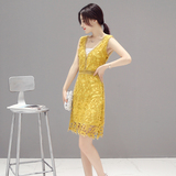 时尚蕾丝连衣裙女装潮2016韩版新款V领无袖百搭修身显瘦镂空A字裙