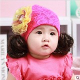 韩国韩版春秋天女宝宝蕾丝套头帽 小女孩公主帽子婴幼儿童假发帽