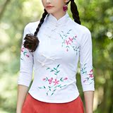 2016秋装民族风女装 中国风大码打底衫绣花女七分袖中袖上衣T恤衫