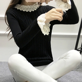 2016秋冬季蕾丝花边中长款包臀圆领毛衣女纯色修身显瘦打底针织衫