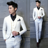 韩版修身绅士竖条纹纯白色气质时尚西服套装新郎伴郎西装三件外套