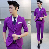 新款韩版修身纯色小西装男士中长袖西服三件套装青少年礼服七分袖