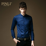 PINLI品立英绅秋装男装修身小领男士衬衫纯色微弹长袖衬衣8776