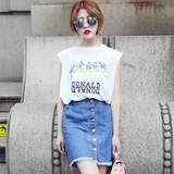 韩版夏季时尚牛仔连衣裙套装女短款无袖宽松印花T恤包臀裙两件套