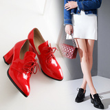 2016春季欧美新款漆皮女鞋红色婚鞋粗跟单鞋女系带深口尖头鞋子