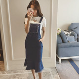 2016夏装韩版新款女装修身包臀牛仔连衣裙女背带裙鱼尾长裙