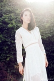 正品代购sandro16秋新款性感甜美白色印花收腰不规则大裙摆连衣裙