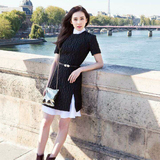 2015秋巴黎时装周刘诗诗同款黑色褶皱连衣裙白色内搭衬裙明显街拍