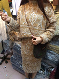 lucky yy韩国复古麻花一字领杂色毛衣+包臀长裙两件针织套装宽松