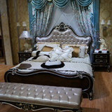 新古典实木床 欧式床1.8米双人床 奢华卧室真皮床复古家具