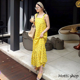 16韩国夏季新款 小清新碎花黄色吊带性感长款连衣裙露背背带鱼尾