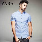 香港代购ZARA男装2016夏季新款男士短袖衬衫纯棉立领衬衣修身上衣