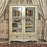 雅格丽欧式白色书柜做旧玻璃门书架雕花展示柜美式1.2米装饰柜子