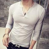韩国代购秋季男士长袖t恤v领修身上衣打底衫青年薄款纯色纯棉衣服