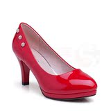 婚鞋红色高跟鞋细跟工作鞋女黑色皮鞋圆头鞋白色优雅职业漆皮单鞋