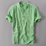 夏季男士小领盘扣棉麻短袖T恤休闲中国风亚麻纯色半袖青年衬衫薄