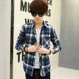秋季新款格子衬衫男士长袖寸衫韩版修身时尚流行青少年学生衬衣装