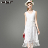 迪欧芙 通勤2016夏季新款圆领修身无袖白色中长款流苏蕾丝连衣裙