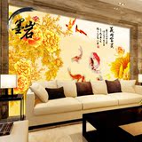 中式大厅壁纸客厅沙发背景墙纸黄金色牡丹花壁画 花开富贵九鱼图