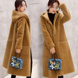 2015新款韩版冬装中长款连帽棉衣羊羔毛皮衣外套女宽松棉袄长大衣