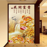 中式玄关壁纸过道走廊风景花开富贵背景墙纸竖版大型壁画3d立体