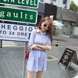 2016夏季新款韩版中长款条纹系带衬衫连衣裙七分袖宽松显瘦短裙子