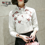 魅思琳2016春新款韩版女衬衫长袖花朵刺绣棉修身中长款打底白衬衣