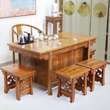仿古全实木功夫茶桌椅组合 中式古典雕花茶桌椅茶台 原木茶几