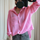 淡水家韩国女装代购2016夏款粉色当道的季节时尚口袋宽松休闲衬衫