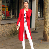 2016春秋新款女装韩版修身红色长款风衣系带休闲西装领外套长风衣