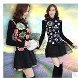2015春装新款大码韩版女装 显瘦修身蕾丝打底衫欧根纱长袖连衣裙