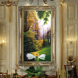 手绘欧式风景油画 玄关装饰画 客厅山水走廊壁画竖版 天鹅湖 正品