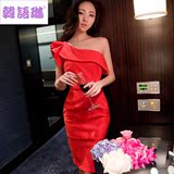 韩语琳2016春装新款韩版女装斜肩荷叶边红色包臀连衣裙修身礼服