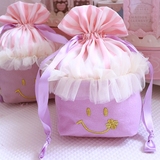 日系梦幻紫色蕾丝粉色条纹花边雪纺拼接化妆包束口收纳包收纳袋