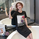 夏季新款韩版女圆领T恤 宽松大码中长款上衣 印花可爱淑女连衣裙