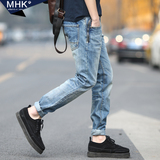 mhk2016春秋款韩版设计款青年浅色男士牛仔裤修身款小直筒裤子男