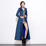 2015秋装新款韩版修身显瘦女士风衣长款提花蕾丝大衣翻领女装外套