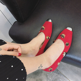 手工装饰2016女单鞋 WEIMI金属方头浅口平底平跟花朵绒面红色婚鞋