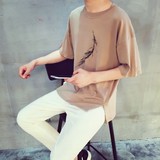 2015夏季店主风 日系宽松时尚水墨画 羽毛 男士短袖五分袖T恤潮