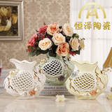 欧式客厅陶瓷创意年年有金鱼镂空花瓶摆件餐桌台面卧室书房装饰品