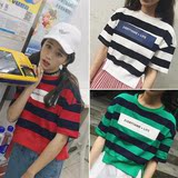韩版2016夏季女装新款宽松短款条纹棉T恤学生圆领套头短袖上衣潮