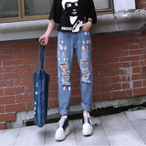 街头破洞牛仔裤 欧洲站韩国BF风涂鸦大码宽松显瘦女式直筒长裤潮