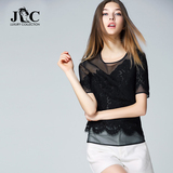 JC新款夏季黑色修身显瘦镂空透视短袖蕾丝衫女夏天欧根纱上衣小衫